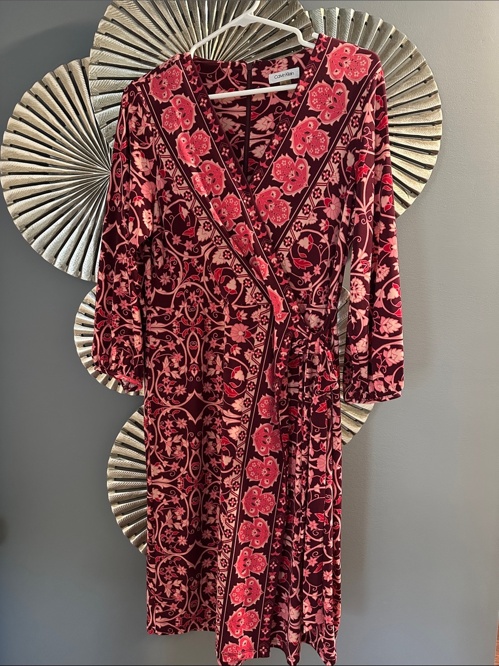 Calvin Klein Burgundy and Pink Floral Wrap Midi Dress
